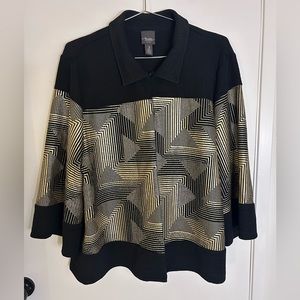 Chico's Travelers Size 3 Open Blazer Jacket Sheen Gold Black Stretch Textured